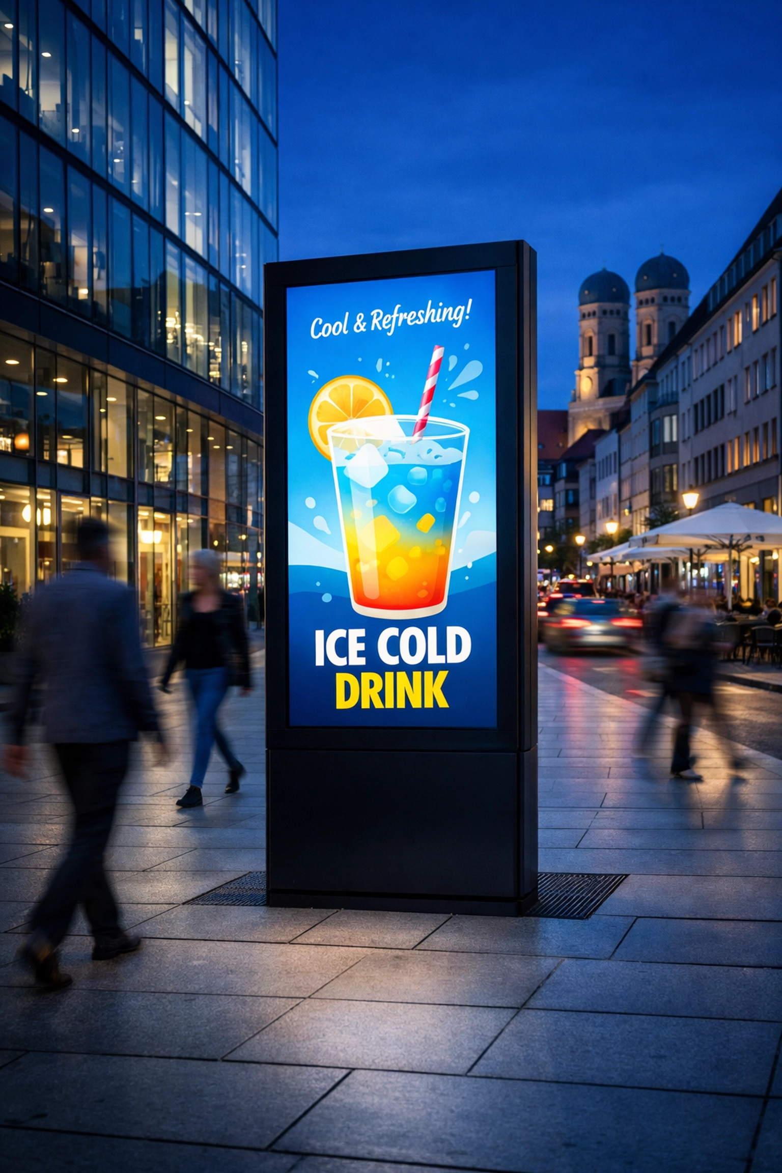 Modern digital out-of-home advertising pylon in a city center showing real-time targeted beverage ads.