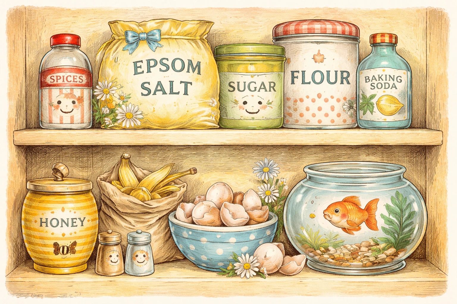 Colorful kitchen pantry illustration with Epsom salt, banana peels, eggshells, and goldfish, suggesting DIY hydroponic nutrients.