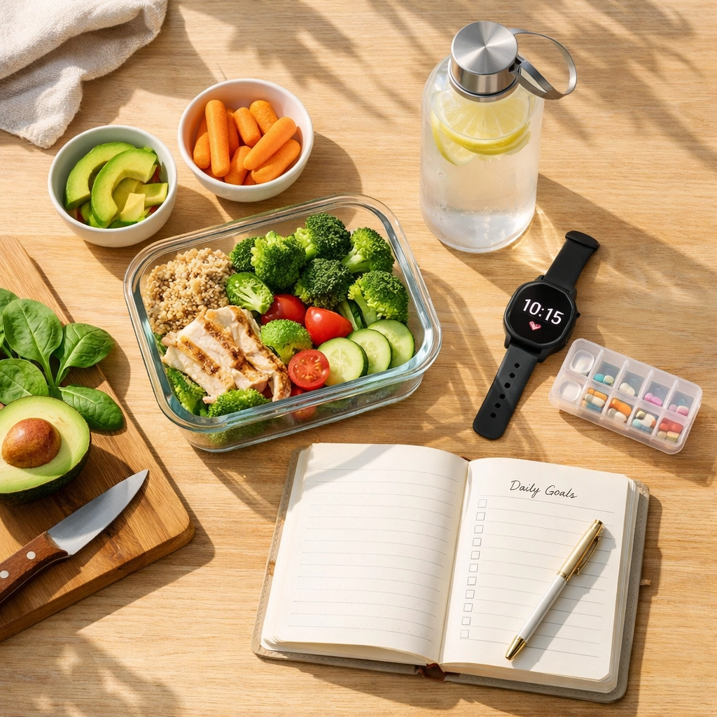 Healthy meal prep and medication organizer for medical weight loss treatment success