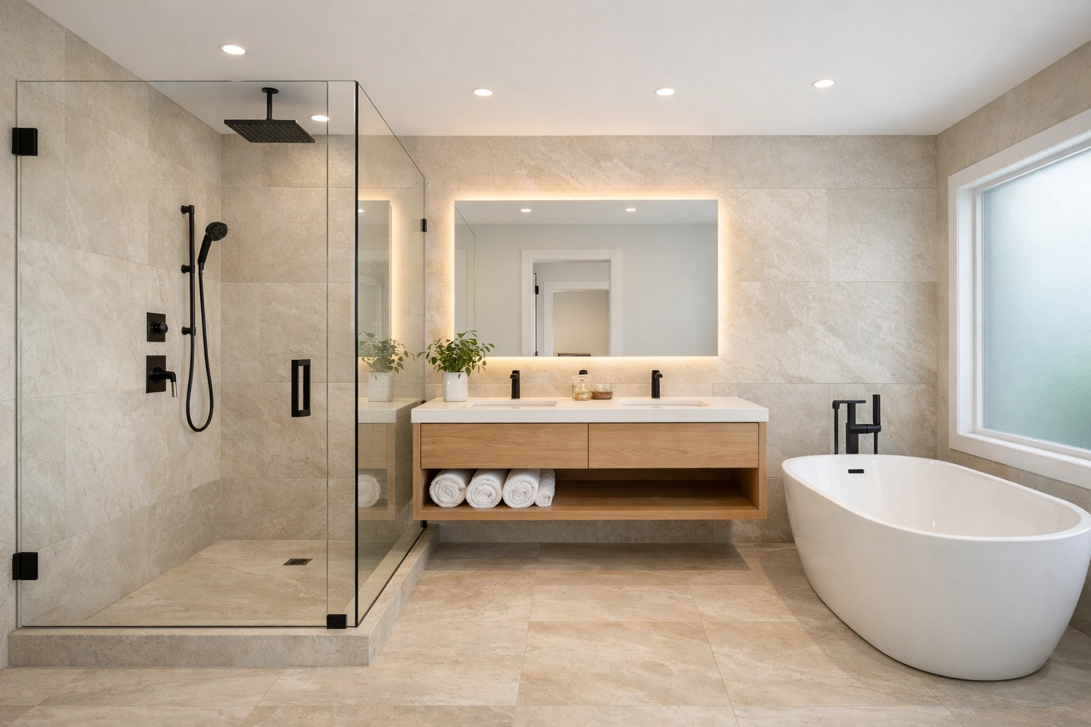 Spa-like bathroom renovation in Orlando with a glass walk-in shower and soaking tub.