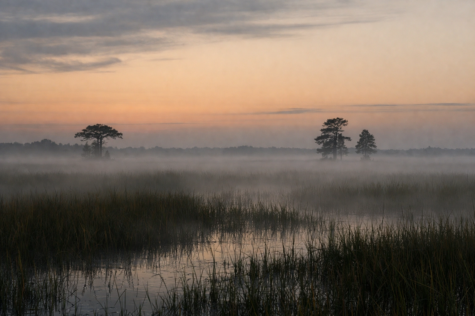 Misty sunrise over the Everglades River of Grass with silhouetted cypress trees for landscape photography.