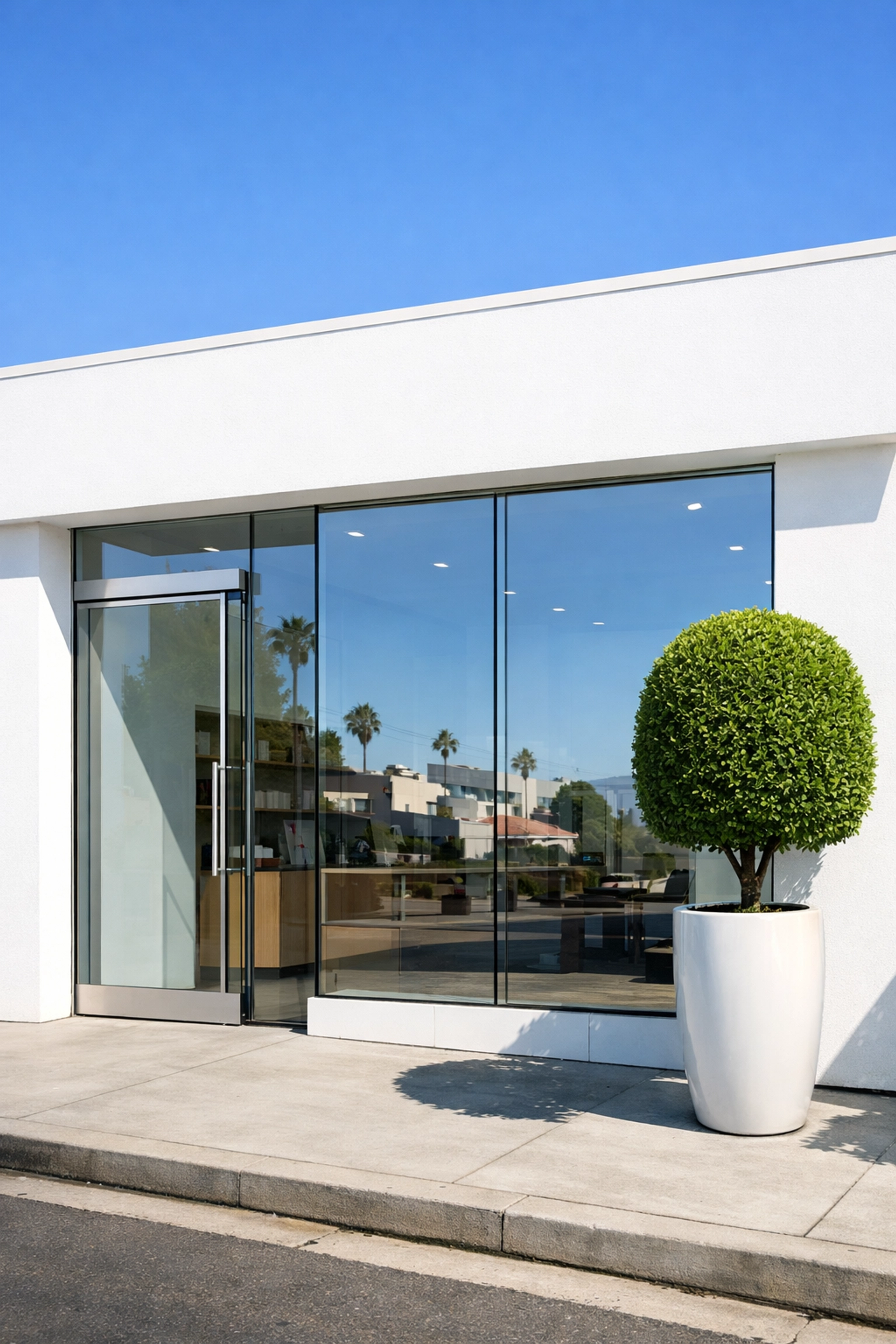 Modern local business storefront with clean white architecture and glass entrance to enhance local search presence.
