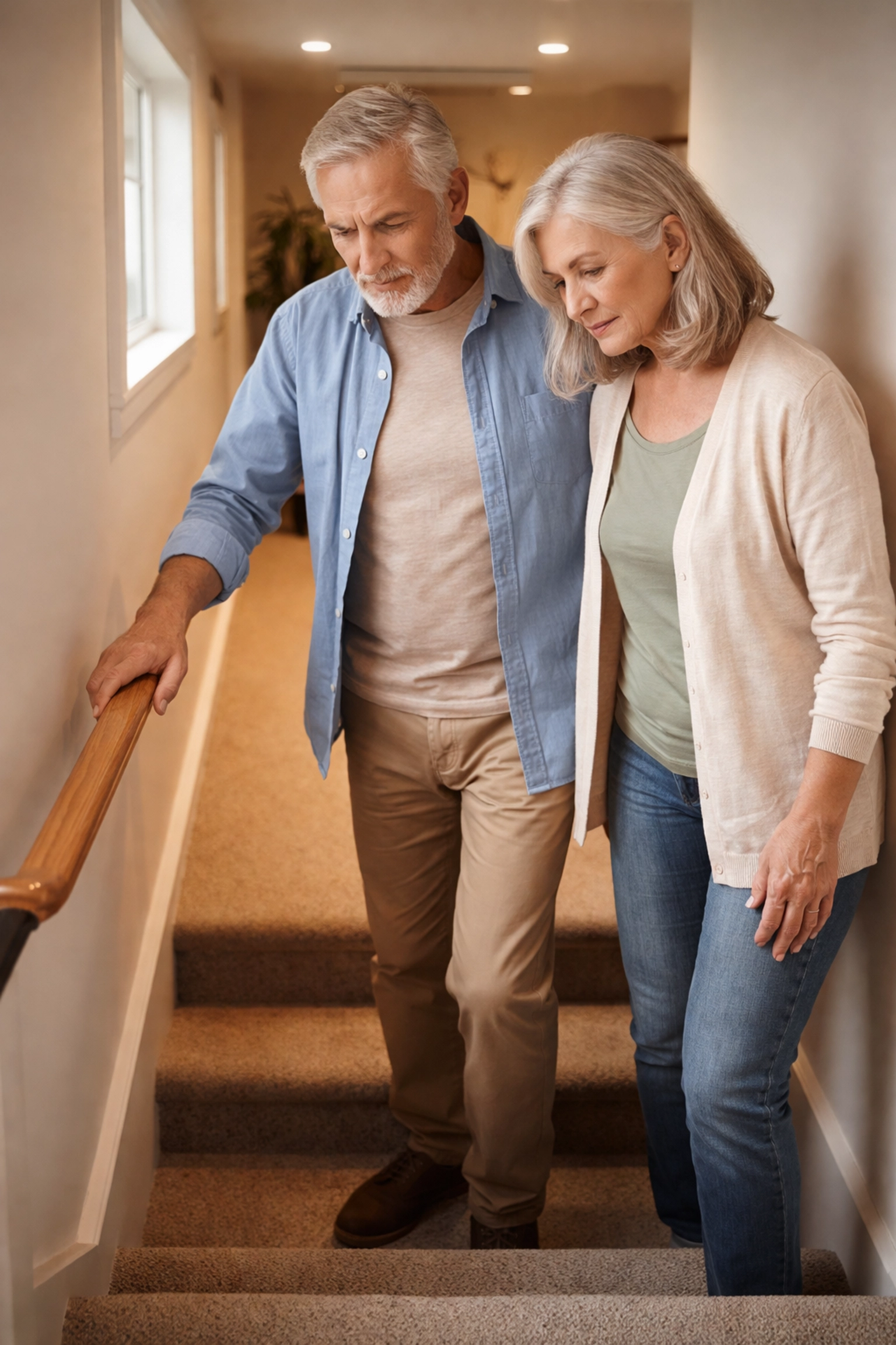 Senior couple considering basement stairs for accessibility in Bucks County 55+ living