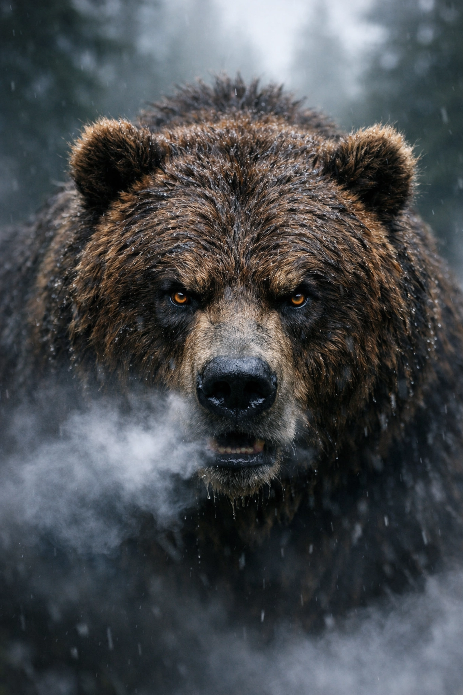 Grizzly bear in a foggy pine forest illustrating the survival stakes of Western frontier adventure novels.