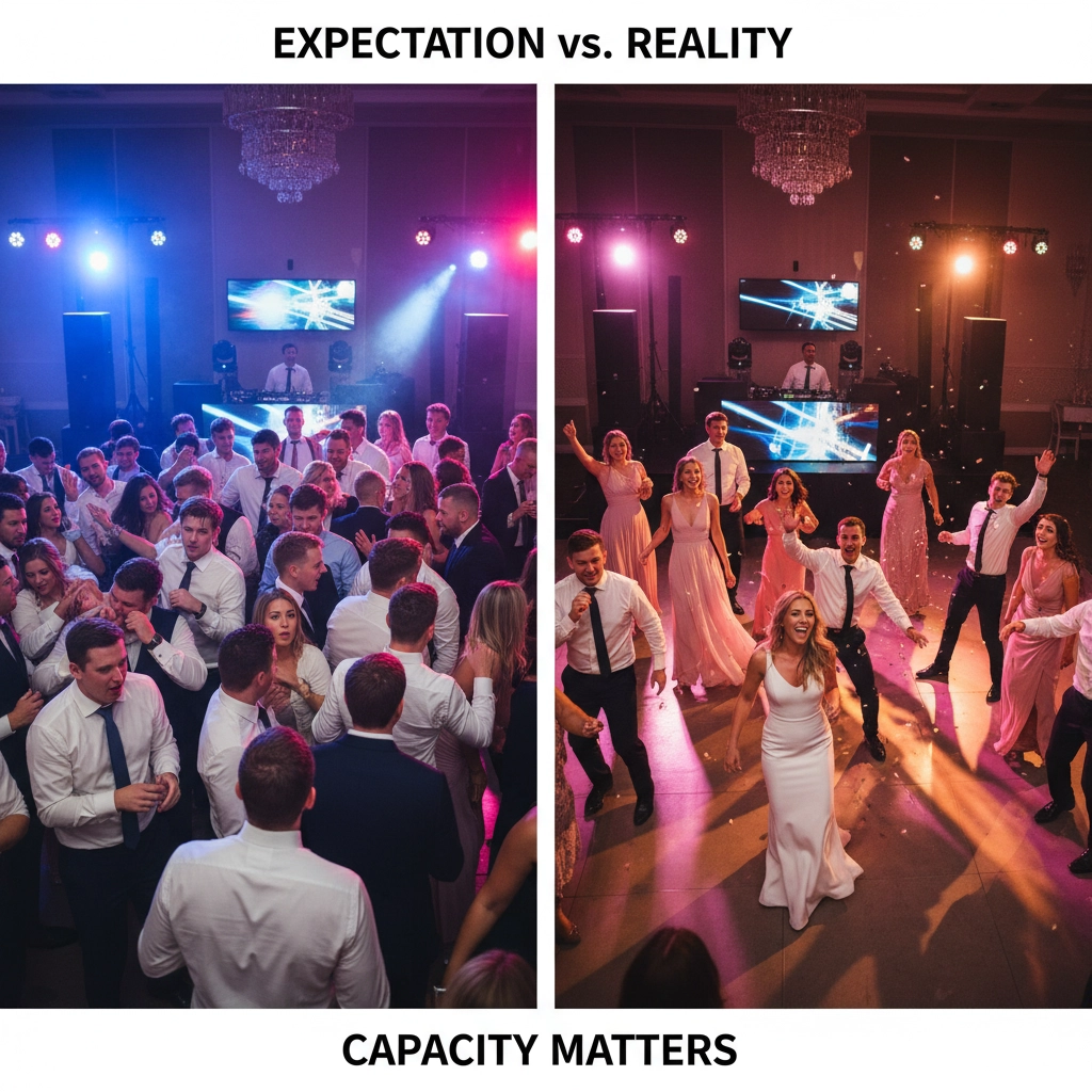 Two images compare a crowded dance floor to a spacious one. Colorful lights illuminate both scenes. Text reads "EXPECTATION vs. REALITY" and "CAPACITY MATTERS."