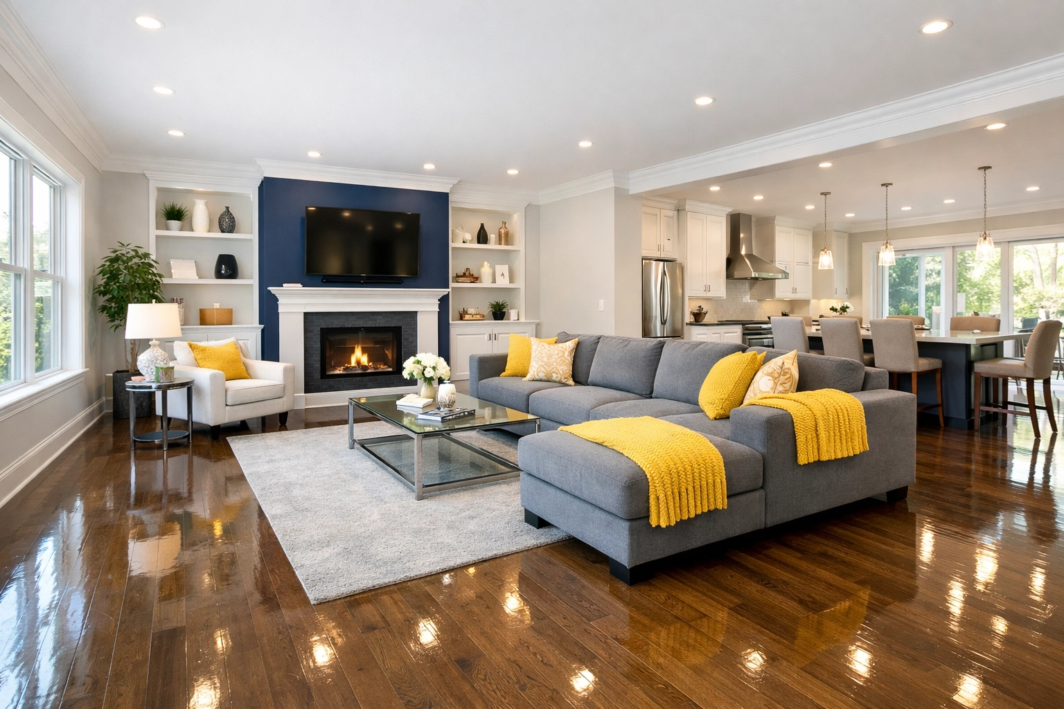 A spotless, modern living room in Massachusetts after professional house cleaning Worcester MA.