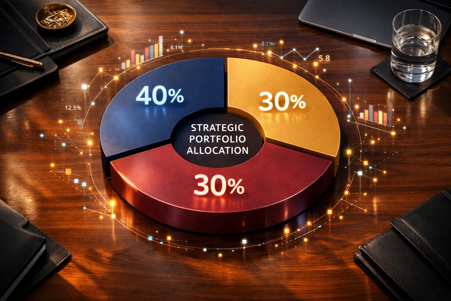 40/30/30 portfolio allocation chart showing equities, fixed income, and alternatives breakdown