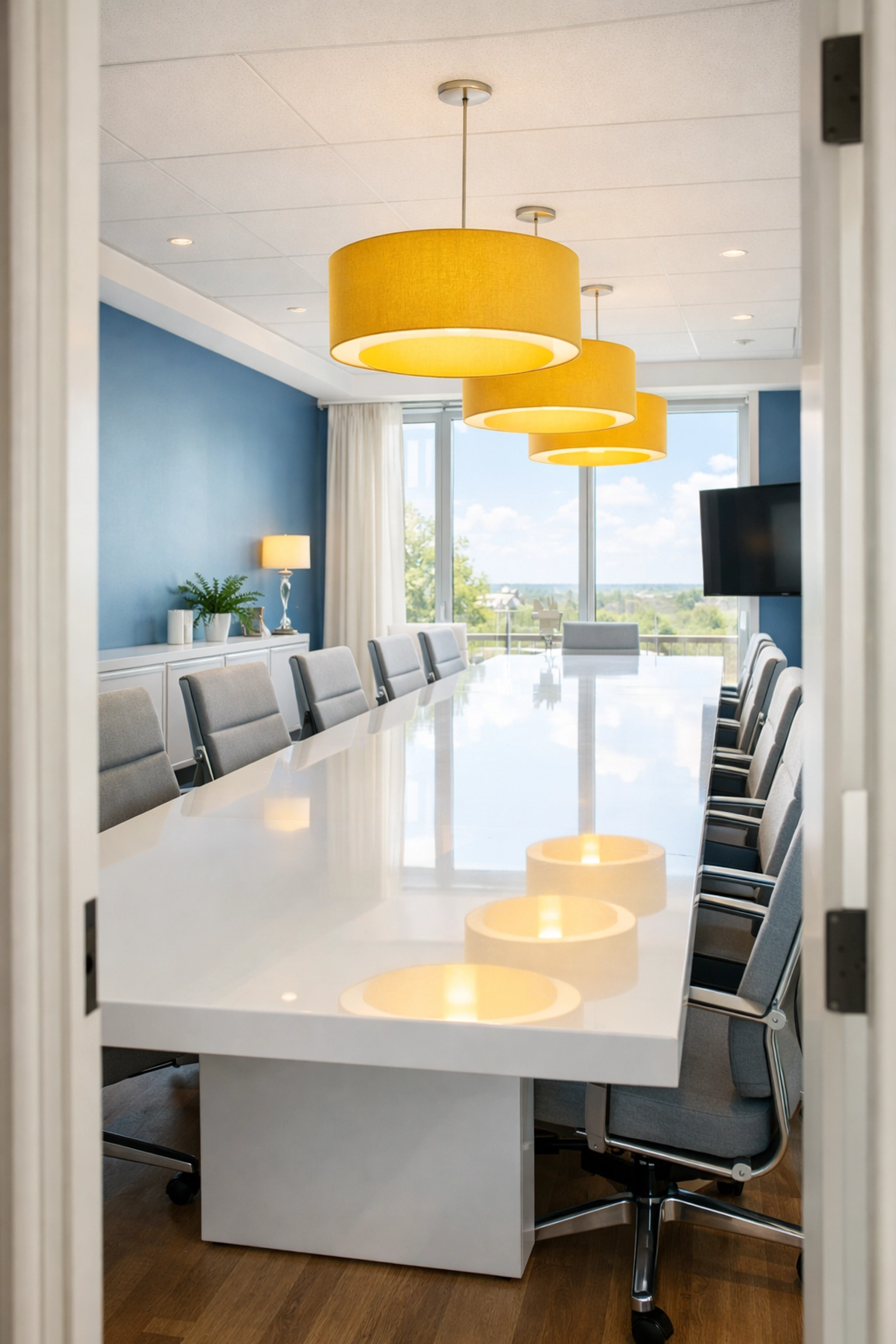 Bright sunlit conference room in Spencer MA maintained by professional commercial cleaning services.