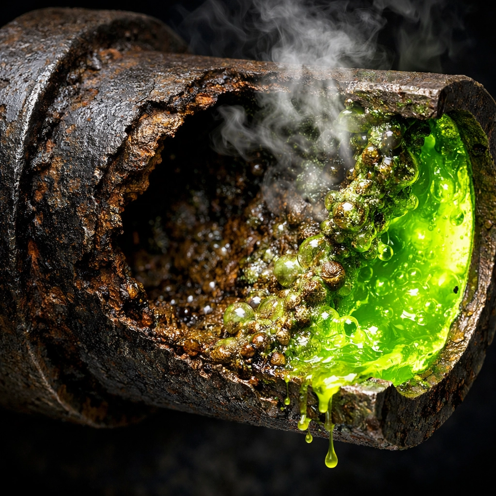 Corrosive liquid drain cleaner damaging an old cast-iron pipe, showing why to avoid harsh chemicals.