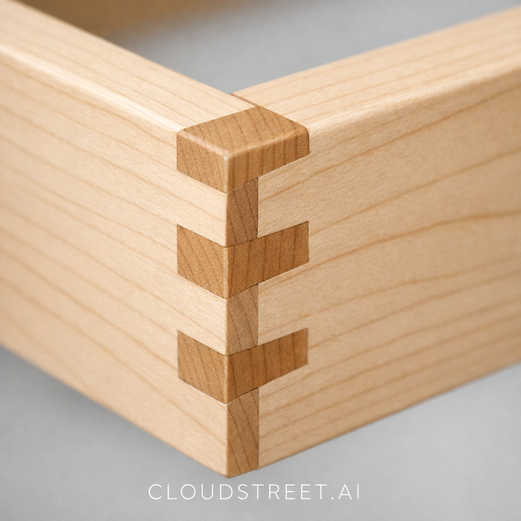 Close-up of a dovetail wood joint showcasing the quality of Highland Cabinetry manufacturing.