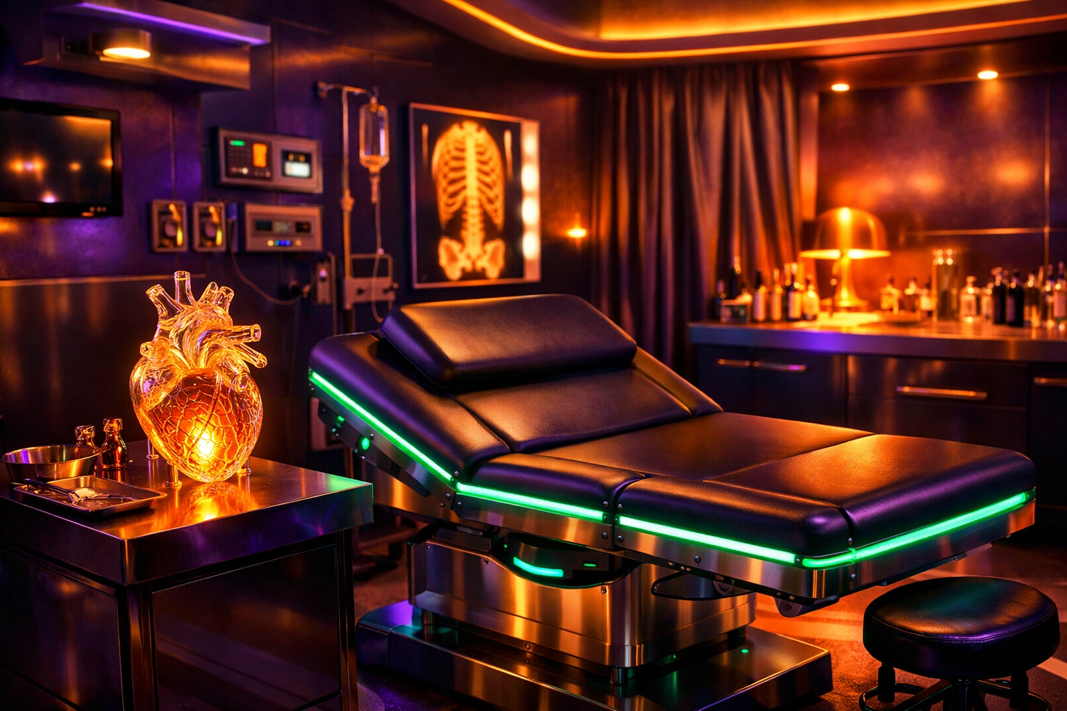 A futuristic, glowing medical exam room representing a comfortable space for sexual health discussions.