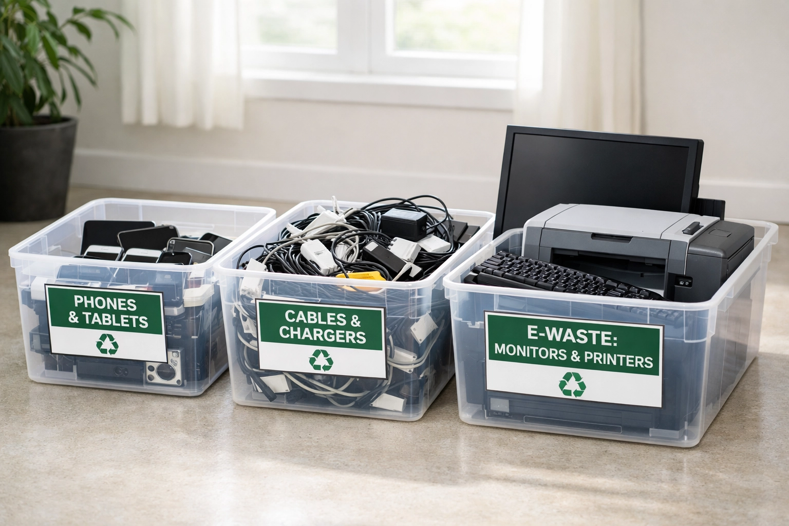 Properly sorted e-waste in containers showing organized electronic recycling categories
