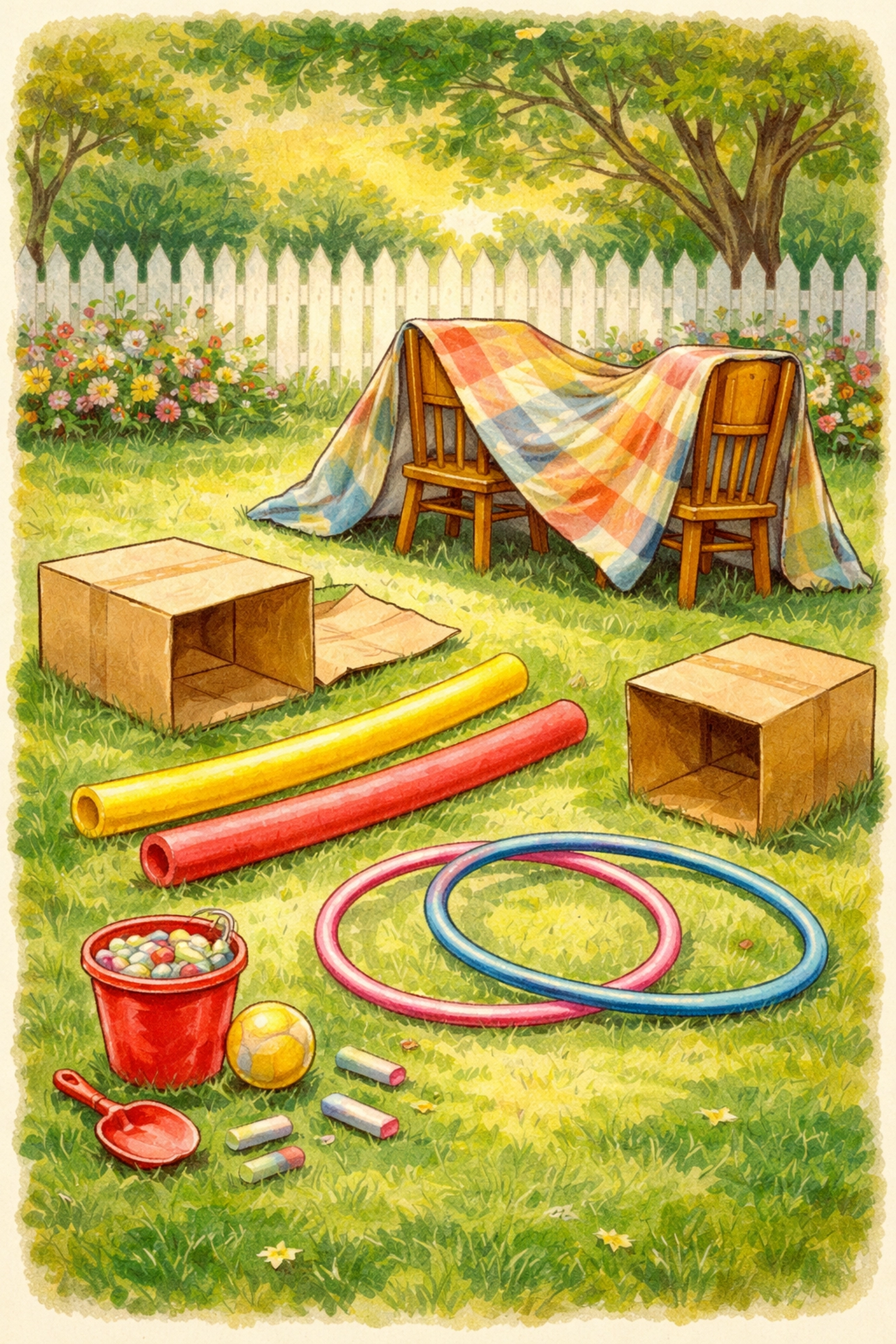 Backyard obstacle course materials like pool noodles, hula hoops, and boxes ready for kids' outdoor play