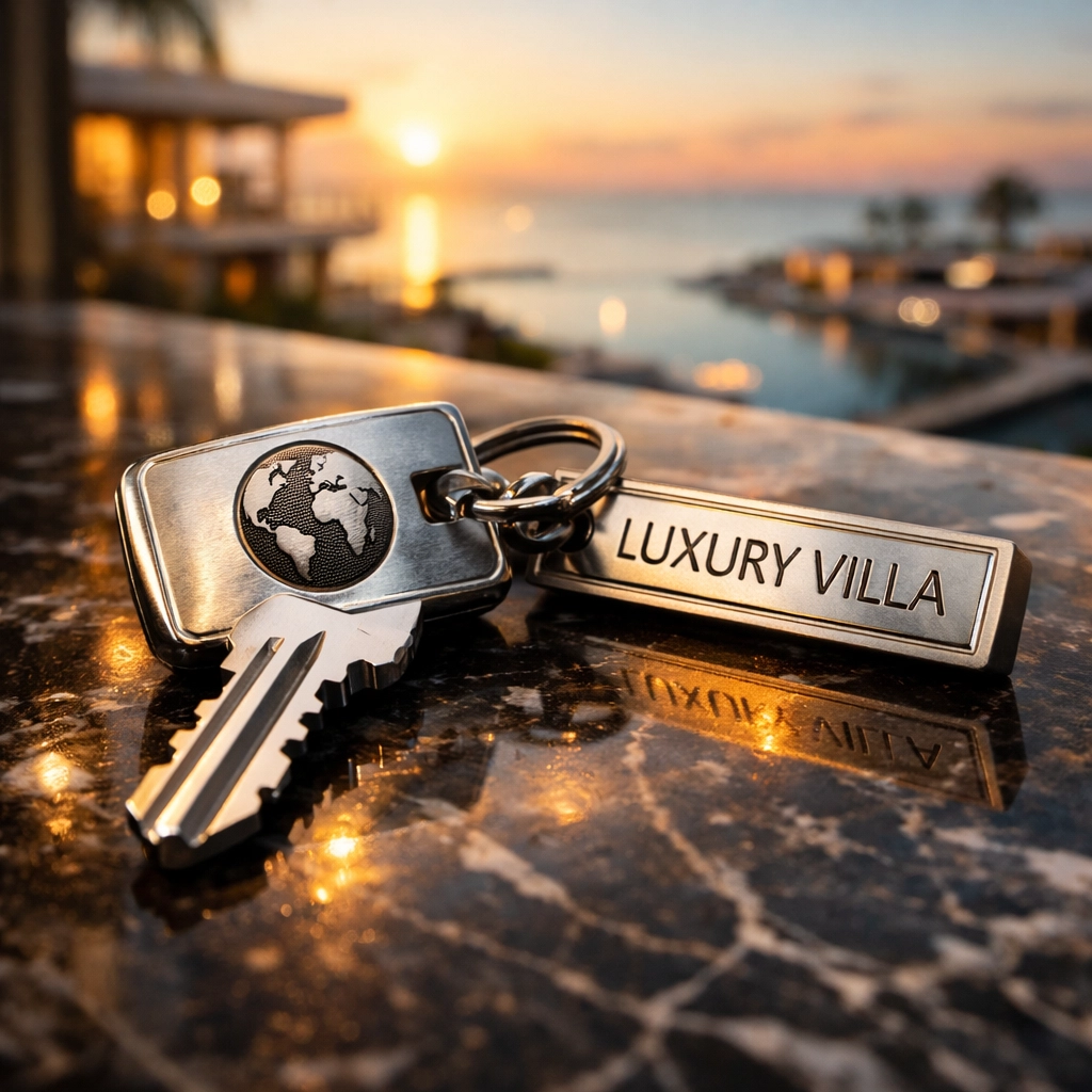 Luxury villa key on a marble surface overlooking a new development, highlighting investment tips india.