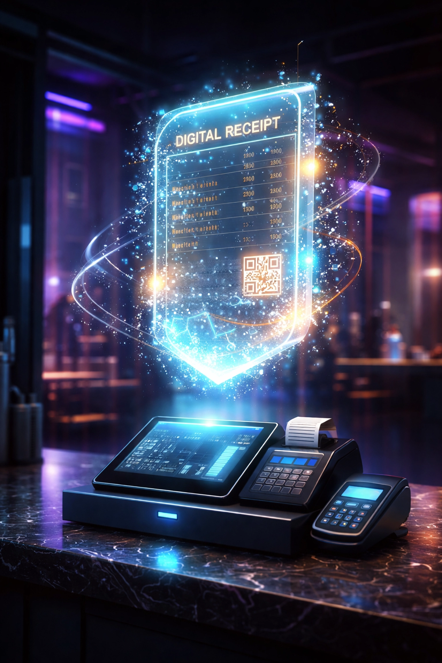 Futuristic digital receipt symbolizing NFT blockchain receipts at a crypto POS, highlighting secure accounting and reduced fees.