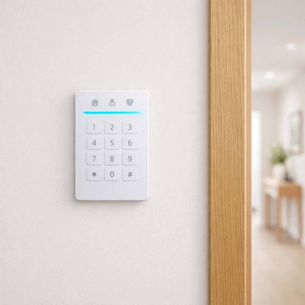 Modern home security alarm keypad installed in a bright residential hallway in Bath.