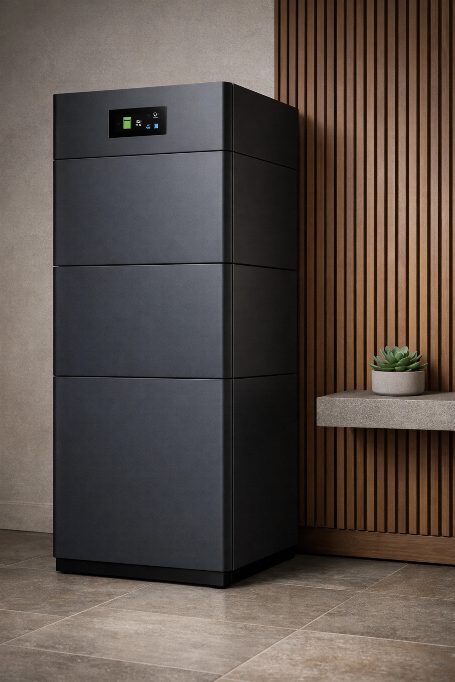Sleek GivEnergy All-in-One battery system integrated into a contemporary home interior.