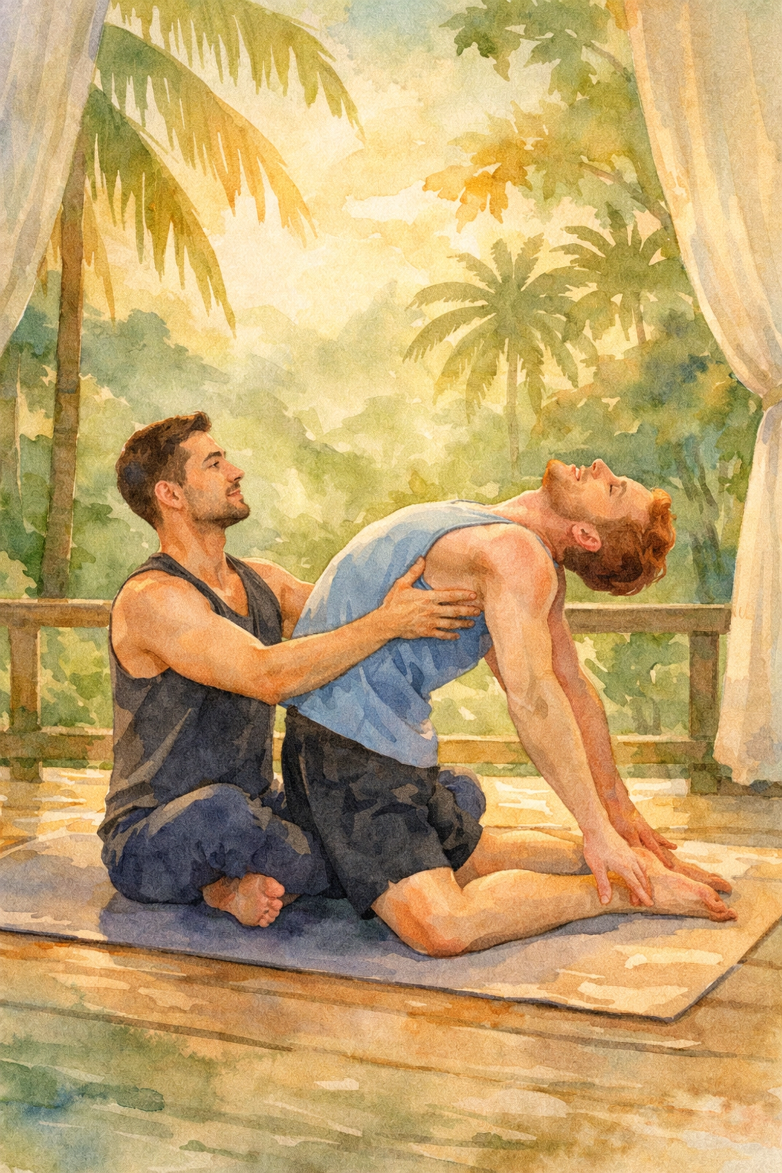 Two men practicing partner yoga in Ubud Bali surrounded by tropical jungle and morning light
