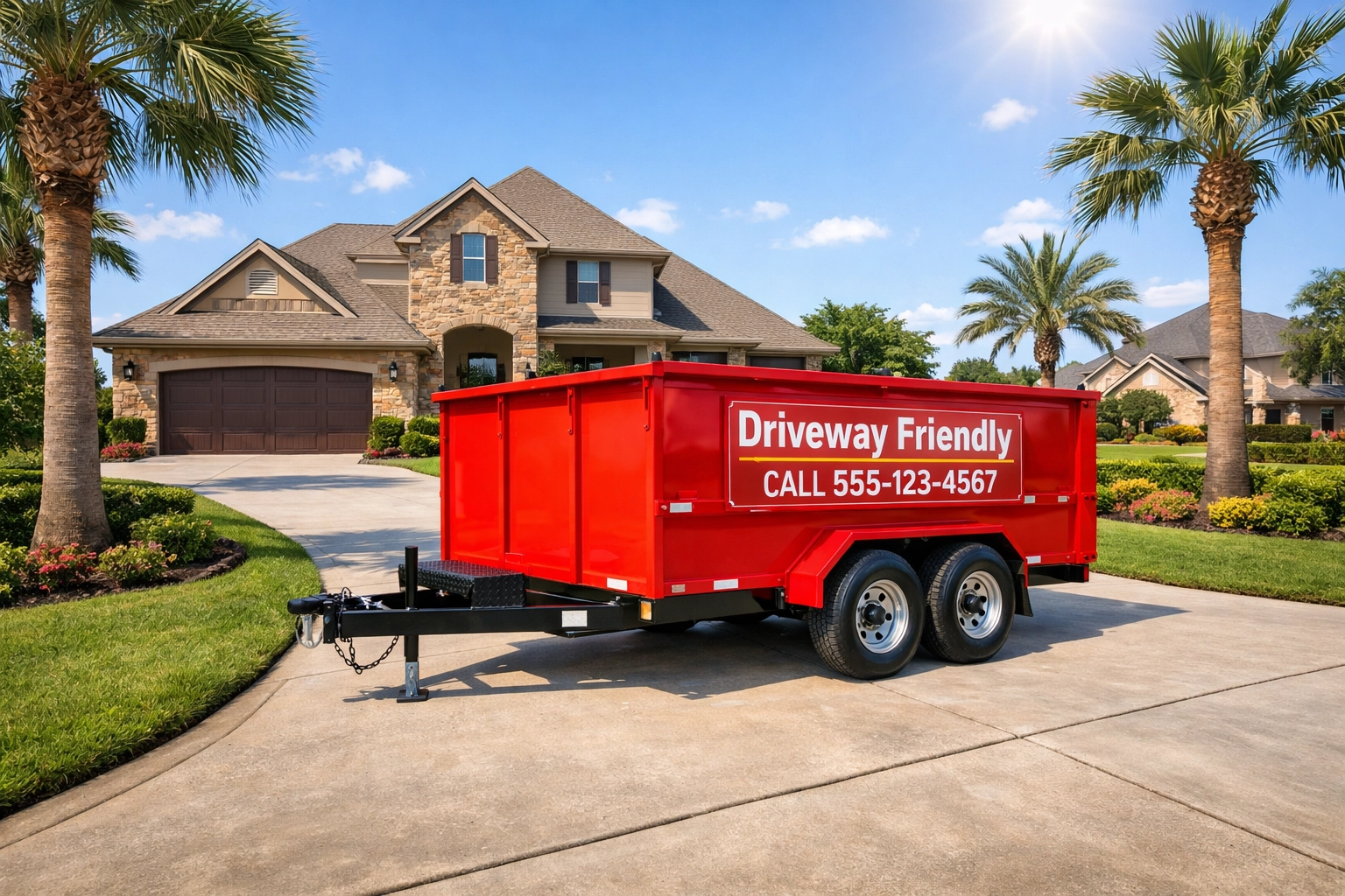 Driveway-friendly red portable dumpster parked at a League City home for pre-move decluttering.