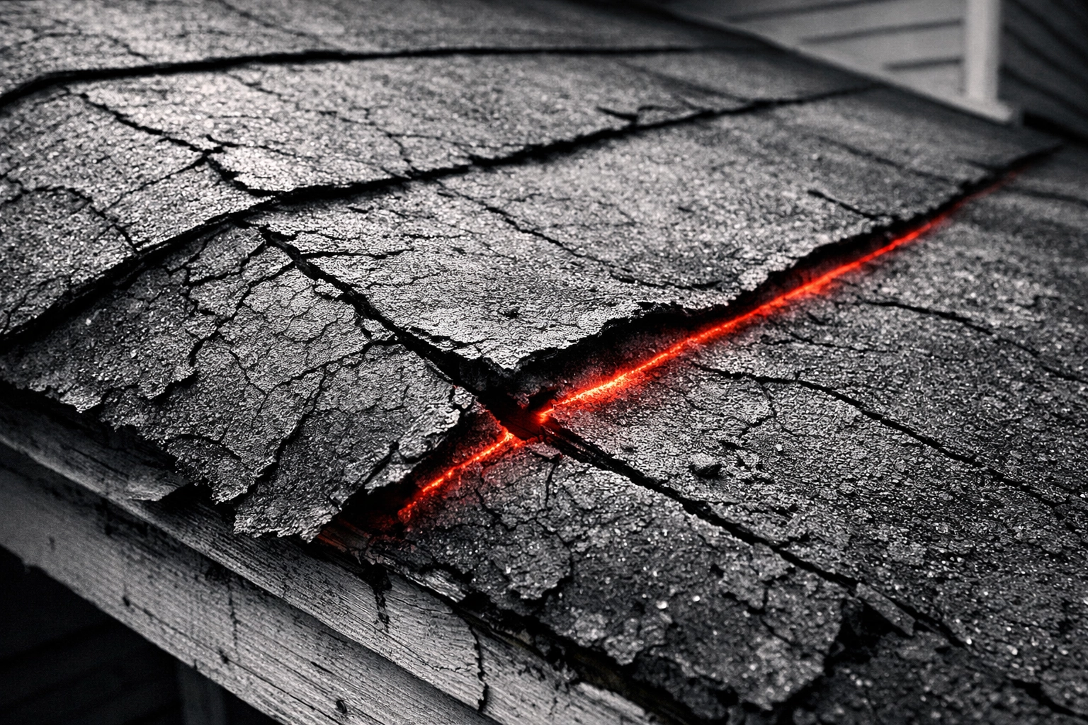 Deteriorating roll roofing on porch roof with cracked seams and UV damage from weathering