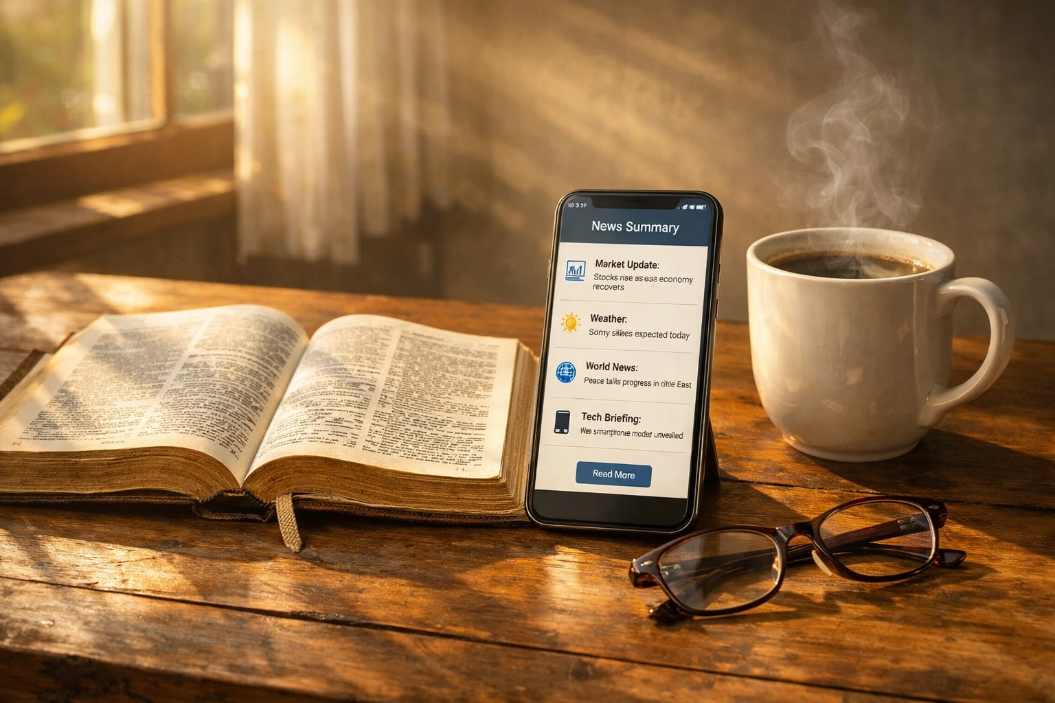 Open Bible beside smartphone showing news summaries with morning coffee on wooden table