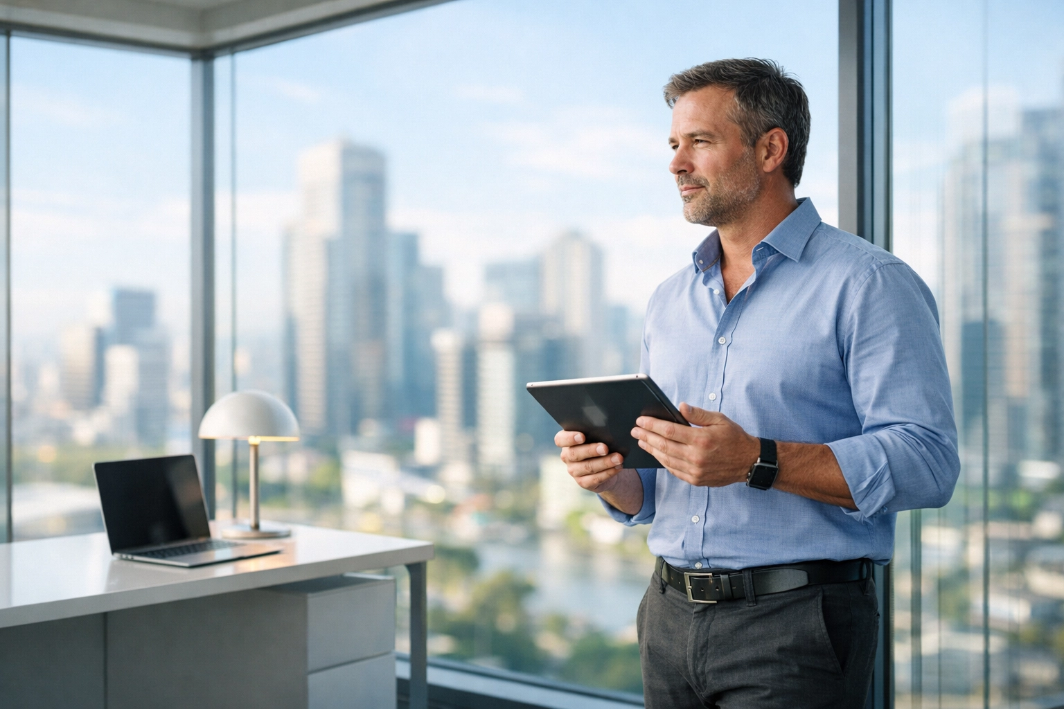 IT director reviewing ServiceNow ITAM data on a tablet in a modern office.