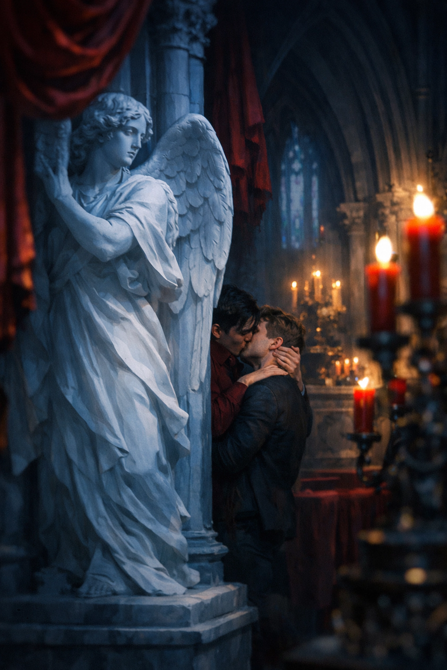 A gay couple shares a secret, forbidden kiss behind a marble statue in a grand cathedral.