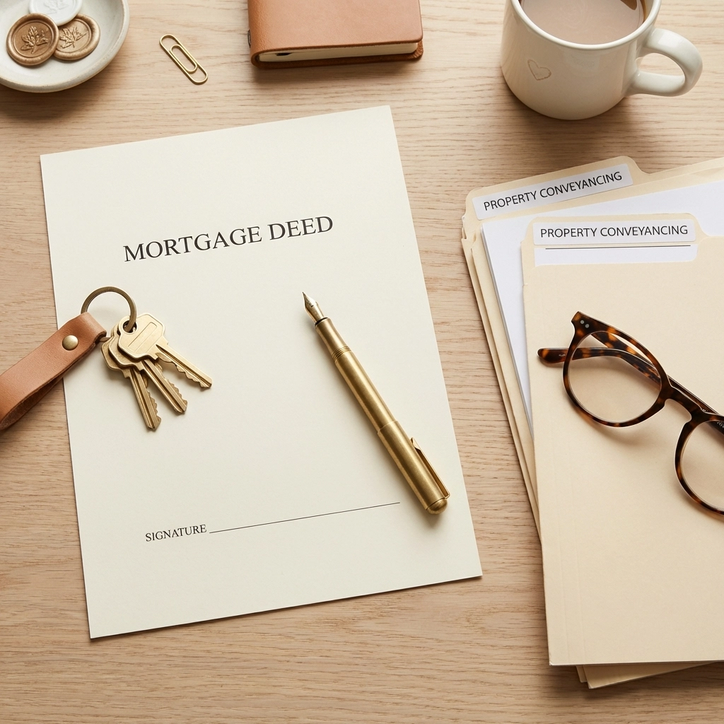 Remortgage solicitor's organised desk with mortgage deed, keys, and legal paperwork