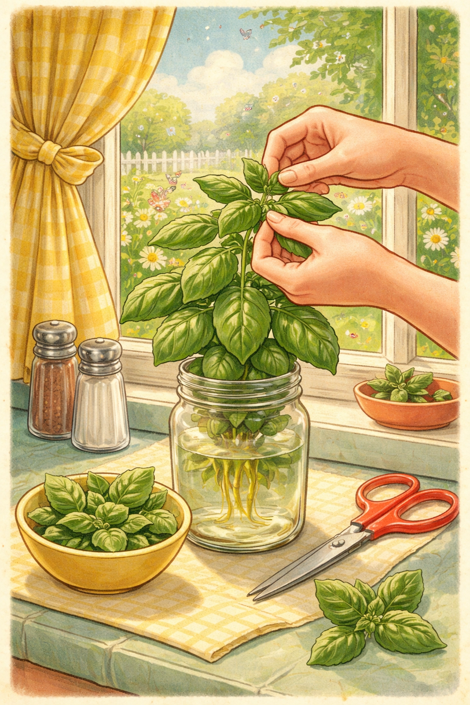 Person harvesting fresh basil leaves from a thriving plant in a recycled pasta jar on a bright windowsill
