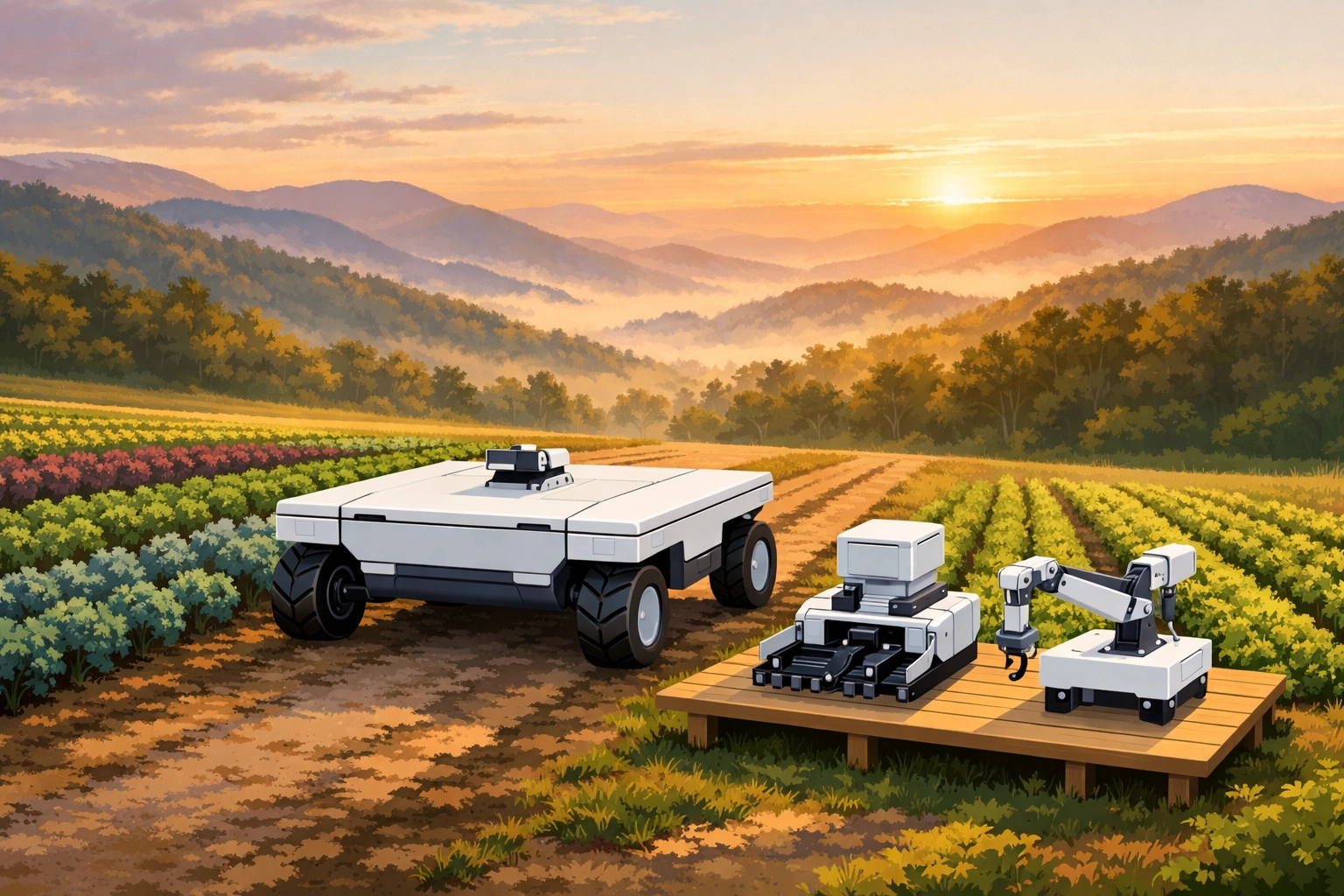 A versatile autonomous farming robot base with interchangeable tool attachments on a small vegetable farm.
