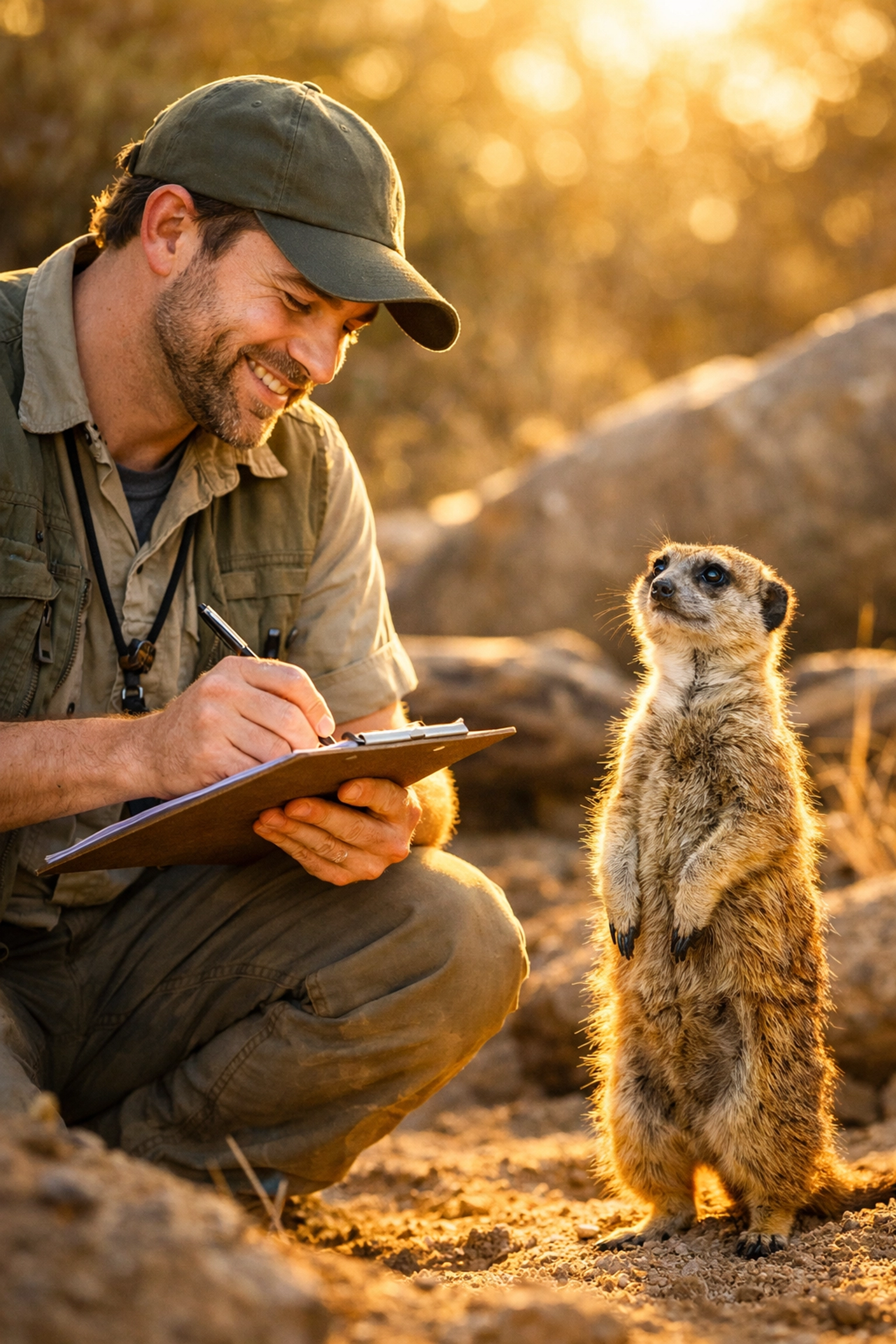 Zoo keeper documenting meerkat behavior for behind-the-scenes conservation content