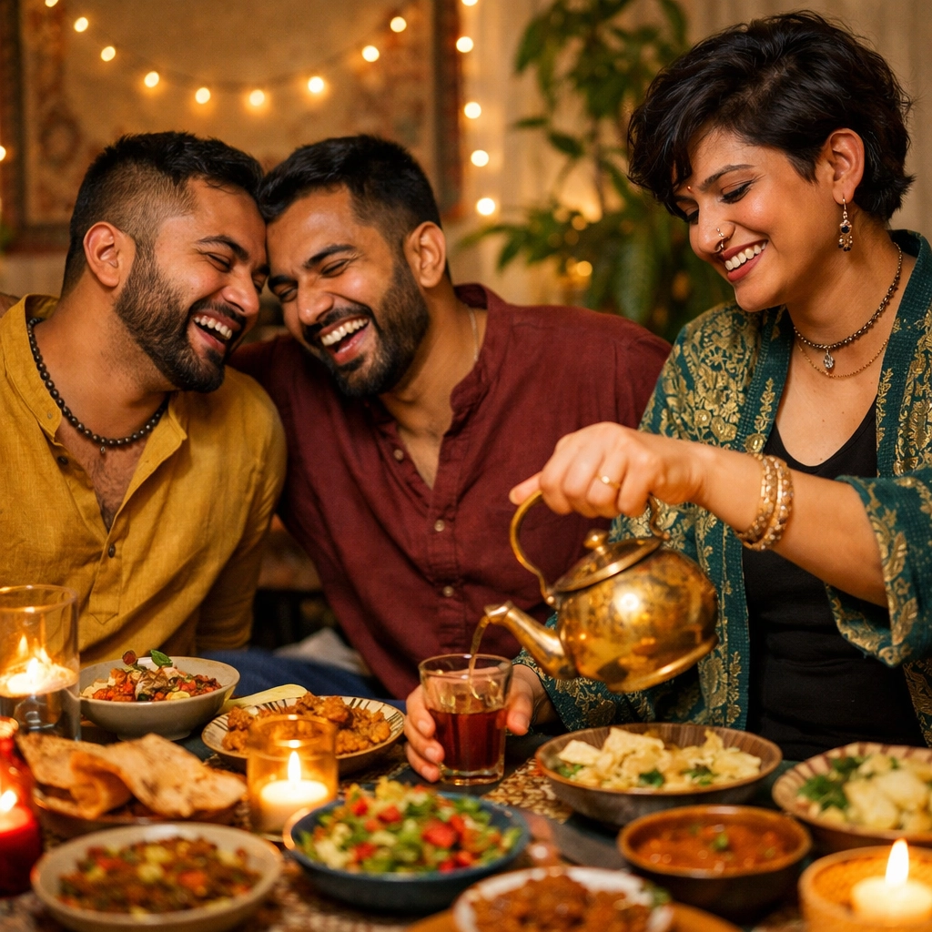 Queer South Asian friends laughing together at dinner, representing the strength of chosen family in Pakistan.