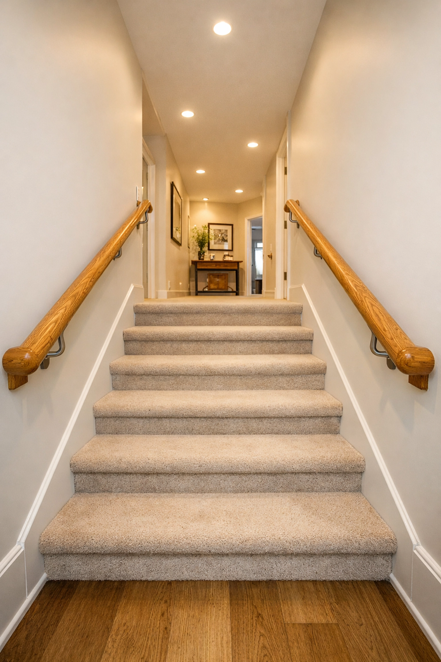 Modern wooden staircase with secure handrails on both sides extending past the bottom step.