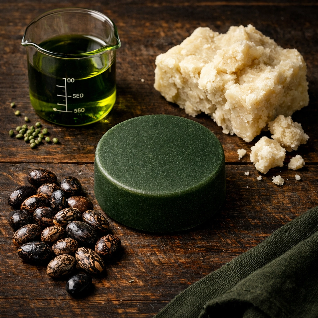 Artisanal beard wash ingredients including broccoli seed oil and castor beans on dark wood.