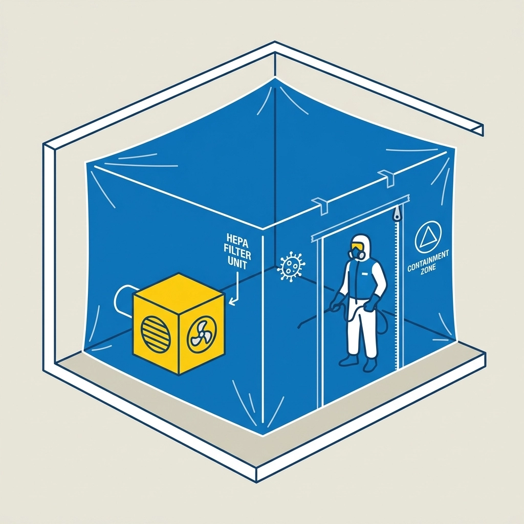 Diagram of a contained room with barriers and safety equipment for mold remediation protocol steps.
