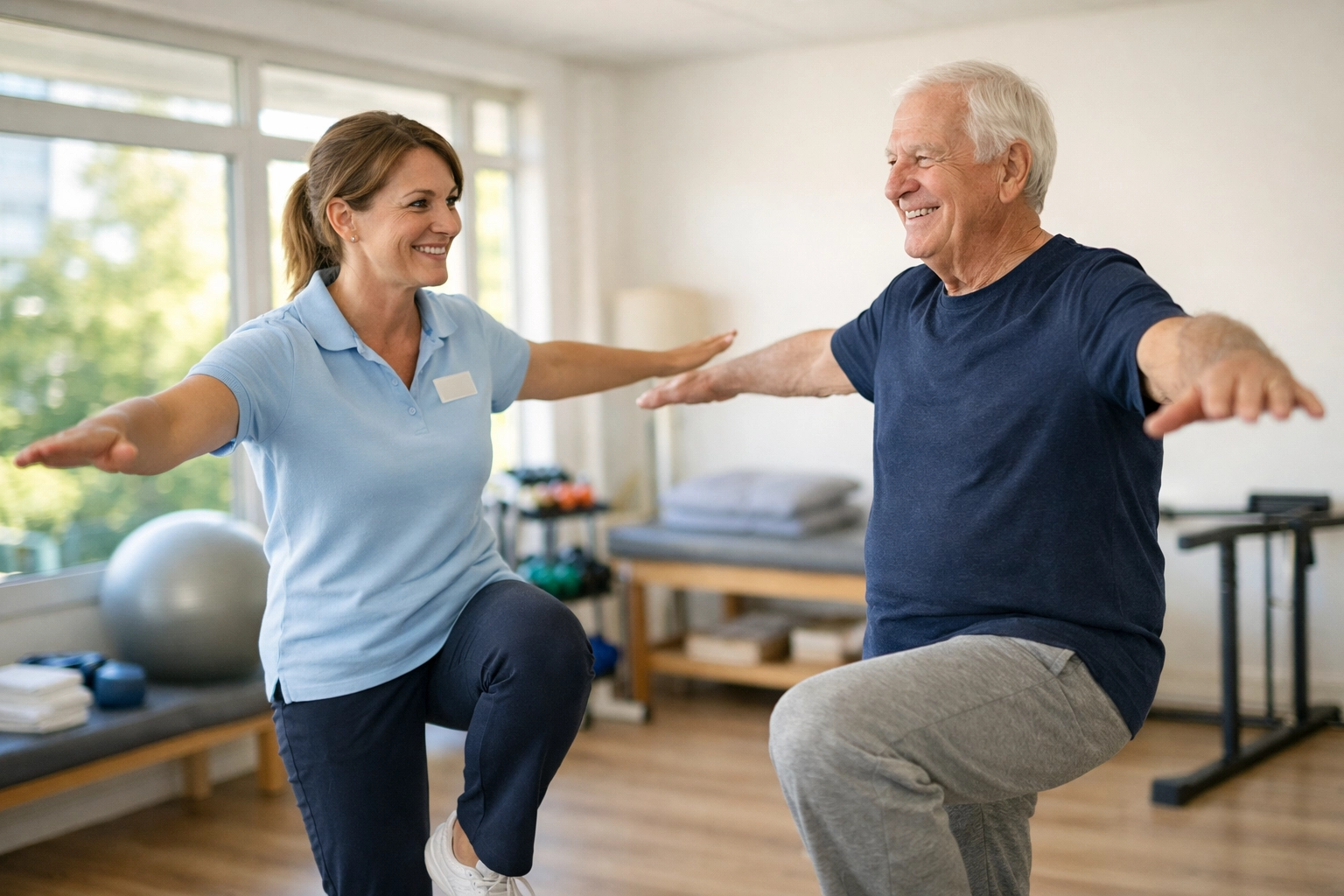 Physical therapist guiding senior patient through balance exercise in therapy room