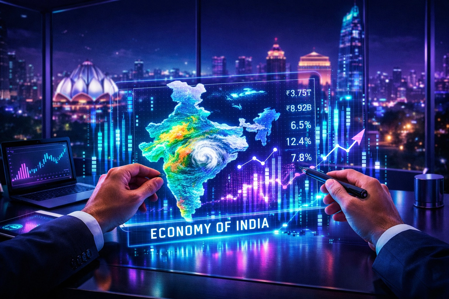 Corporate executive analyzing financial data and weather forecasts to stabilize the Economy of India.