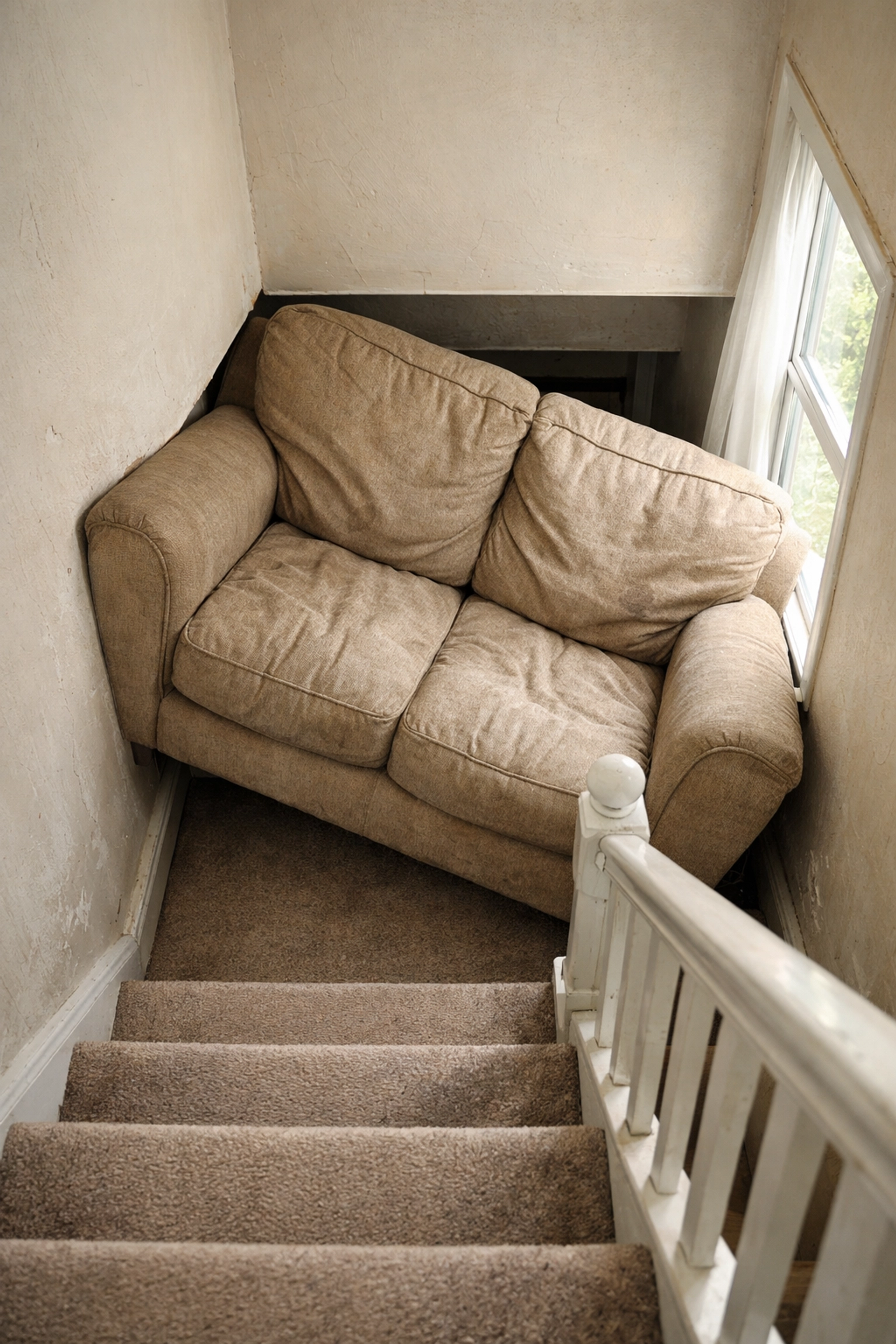Old sofa wedged in narrow staircase showing furniture disposal challenges