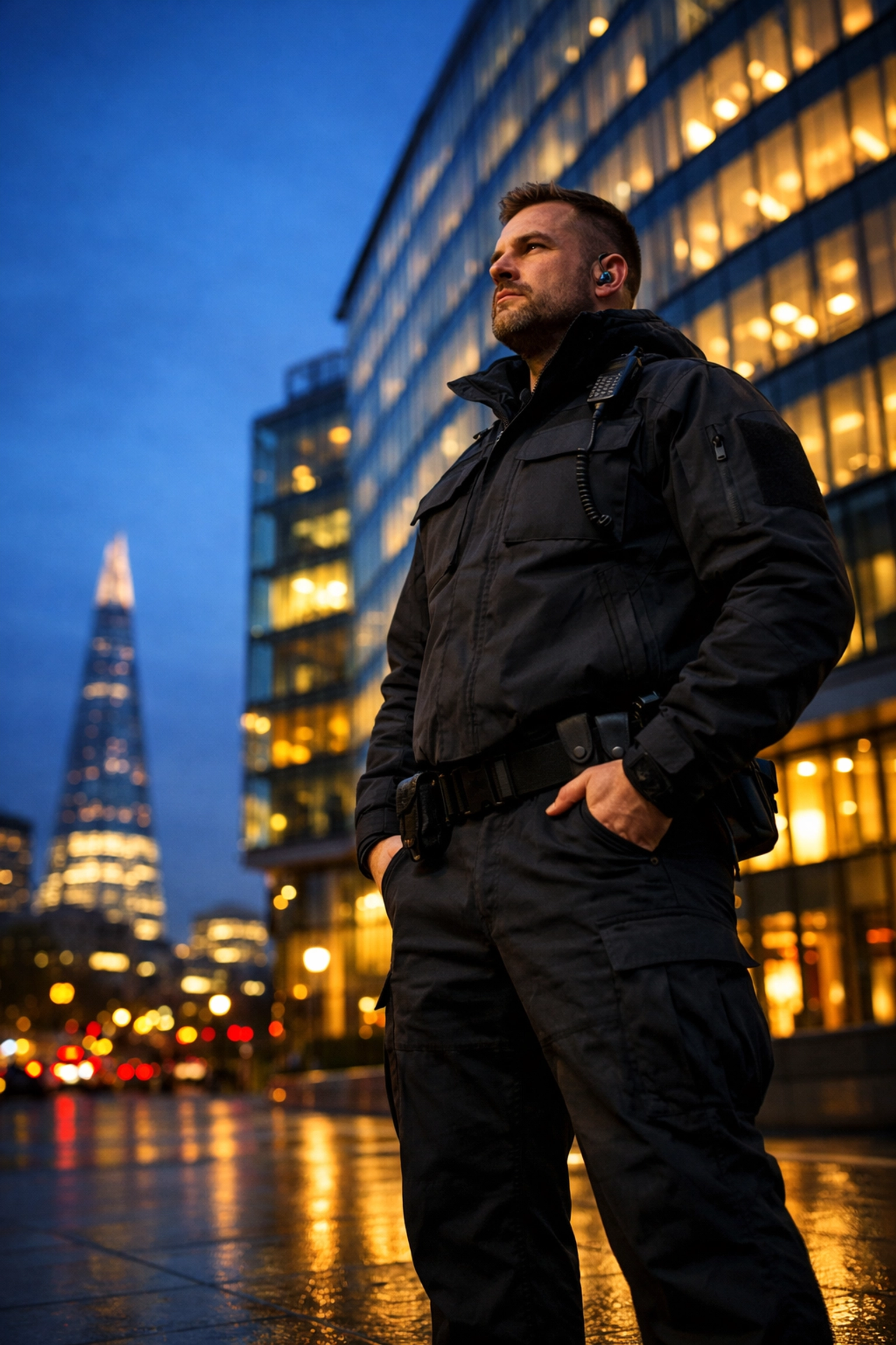 Alert security professional providing reliable protection for a modern corporate building in London.