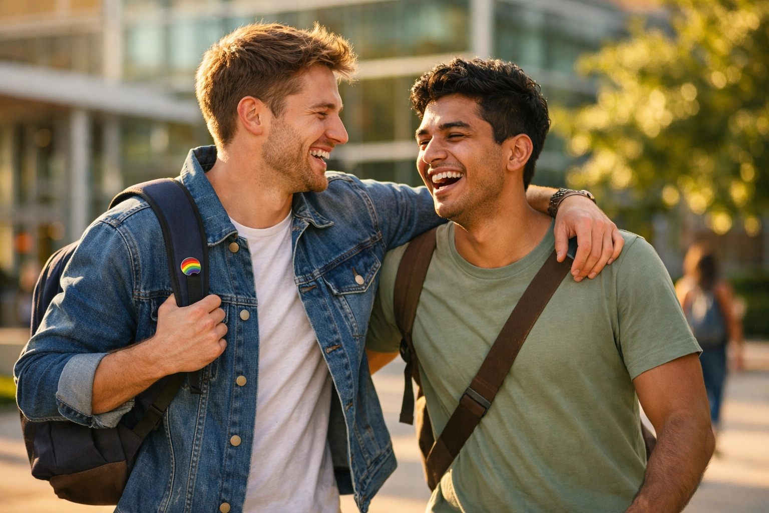Happy gay students walking through a university courtyard, highlighting inclusive queer education and leadership.