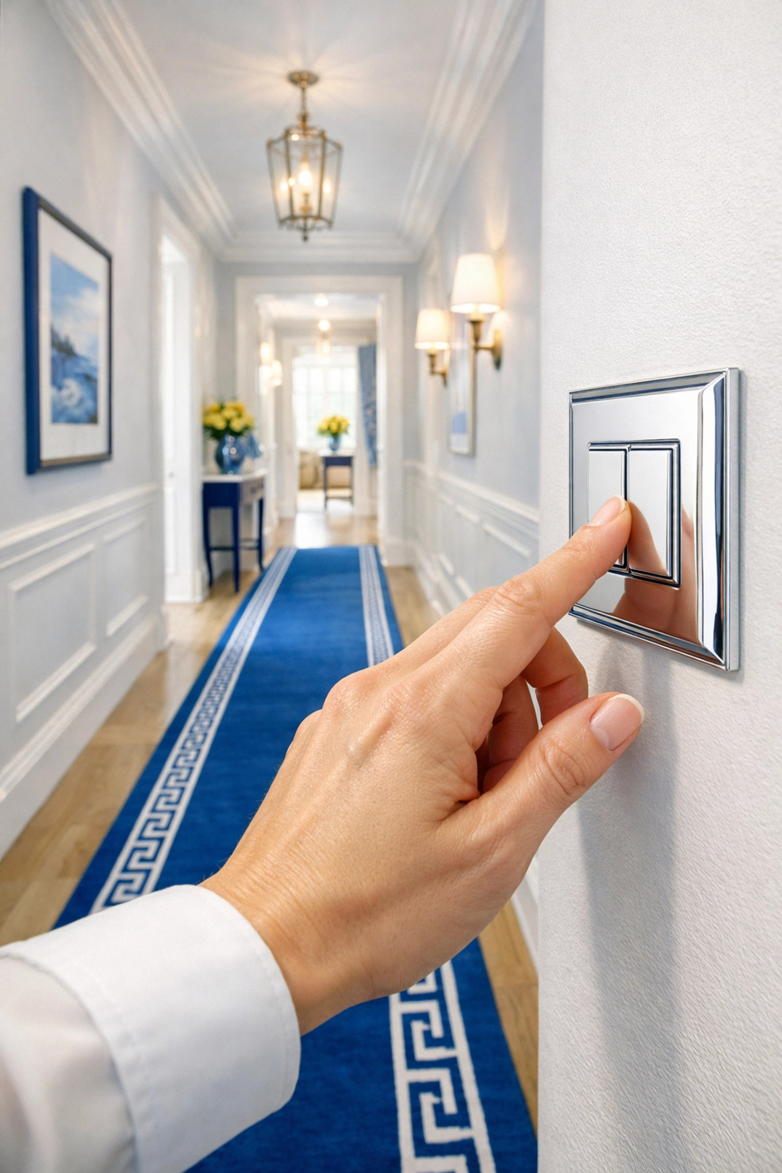 A perfectly polished light switch in a clean hallway, highlighting professional cleaning results.