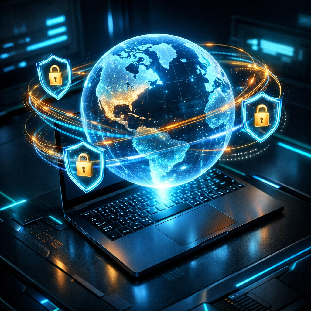 Secure digital globe representing Larecoin's global cryptographic payment security for online sales.