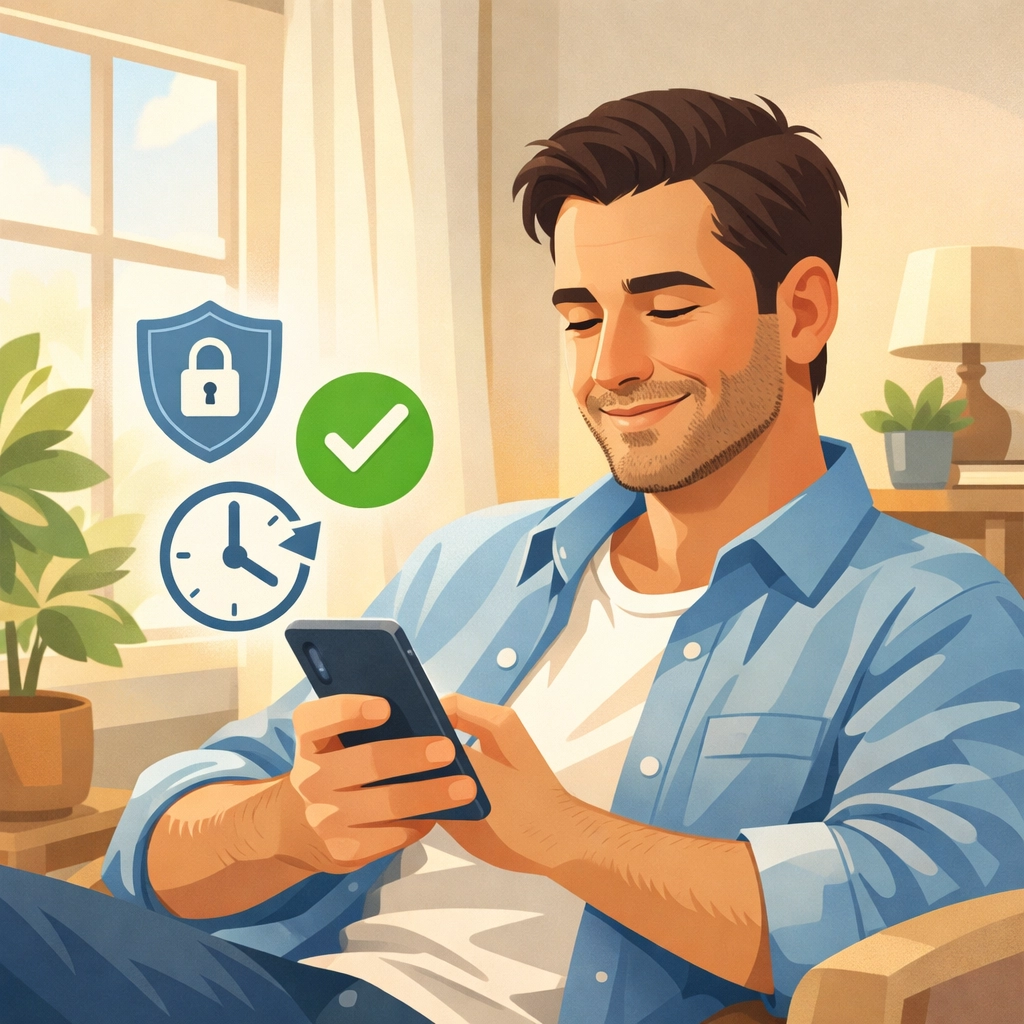 Man comfortably texting with doctor from home for private healthcare consultation