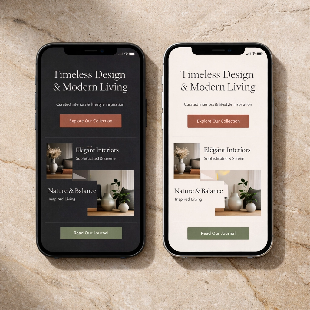 Smartphone comparison showing dark mode and light mode website design options
