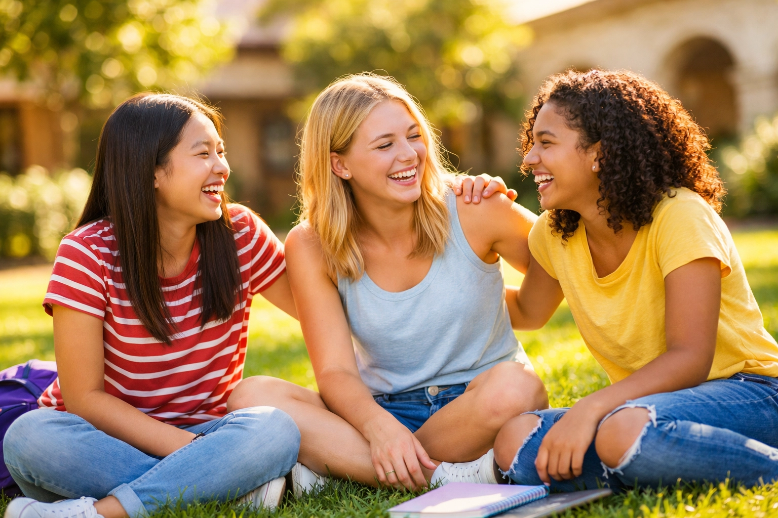 Teenage girls laughing together, building trust and peer support in a therapeutic group home.