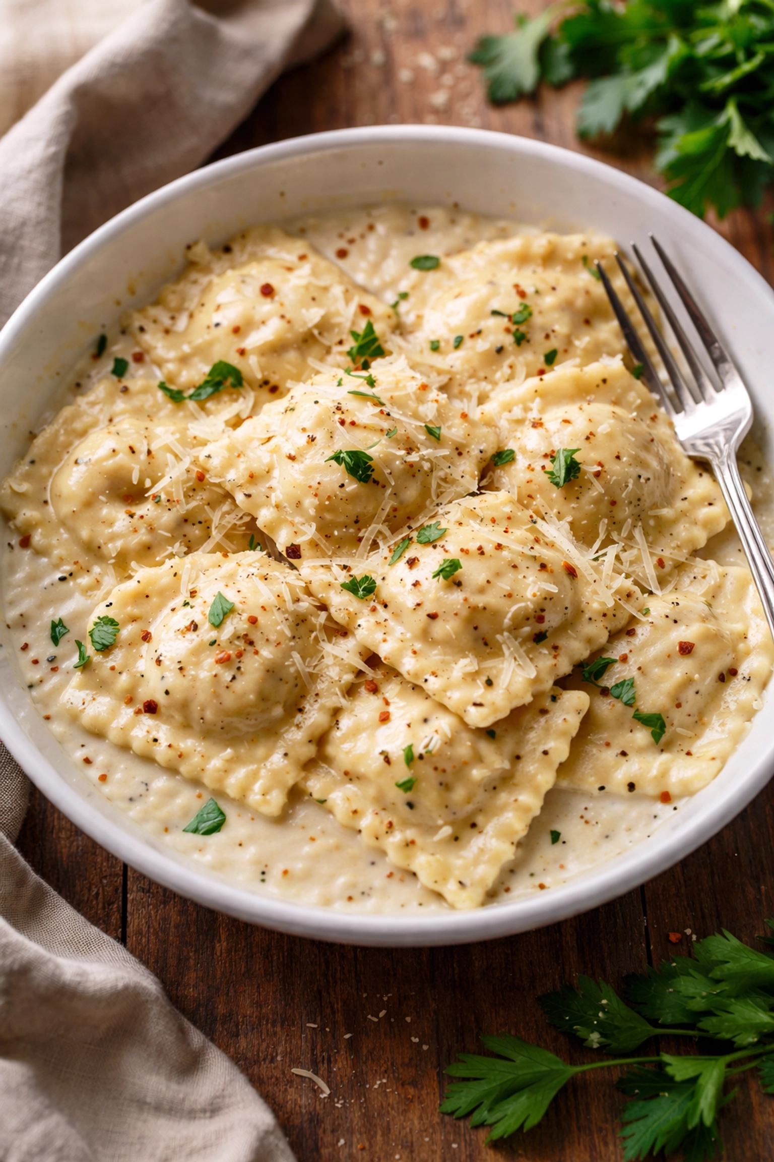 Creamy garlic ravioli