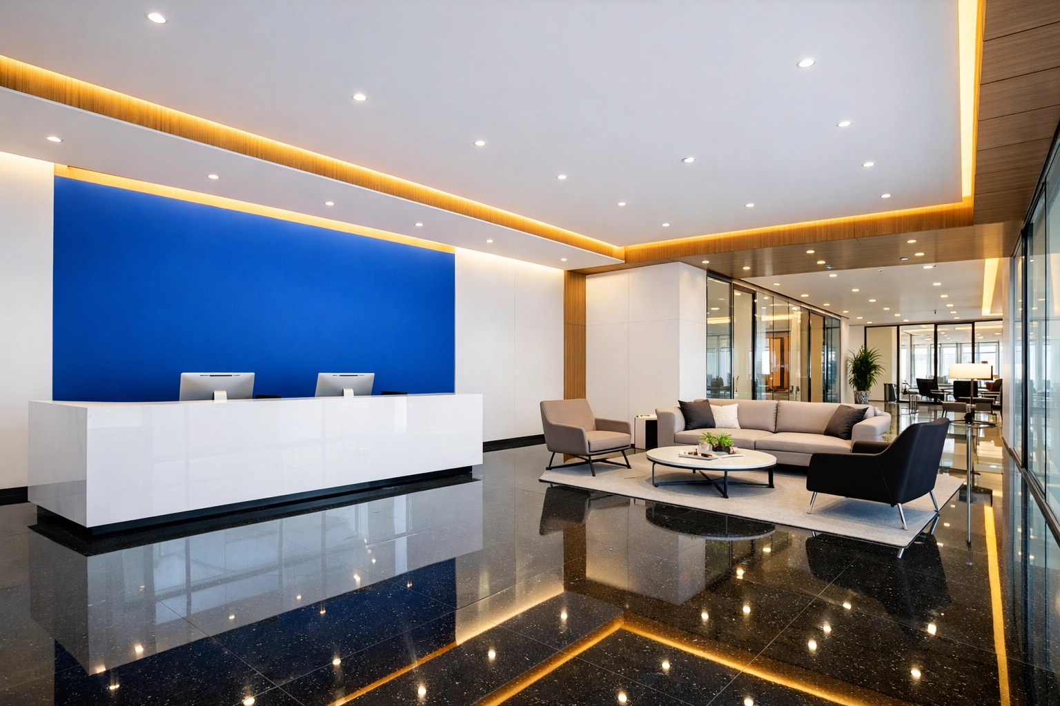 Professional commercial lobby in Billerica featuring high-gloss polished floors and minimalist decor.