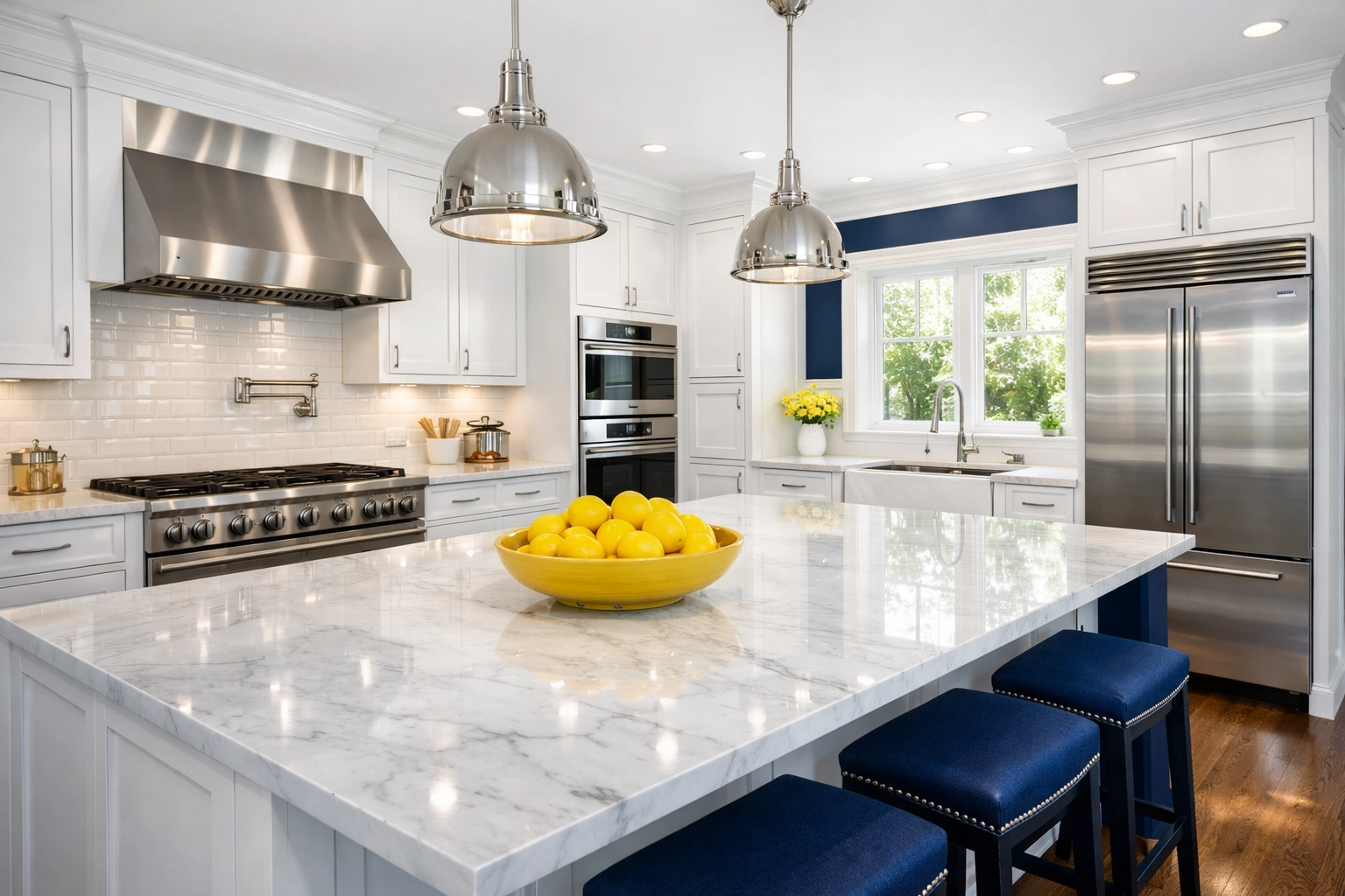 Deep cleaned white kitchen with marble countertops, part of a Move-In Cleaning in Massachusetts.