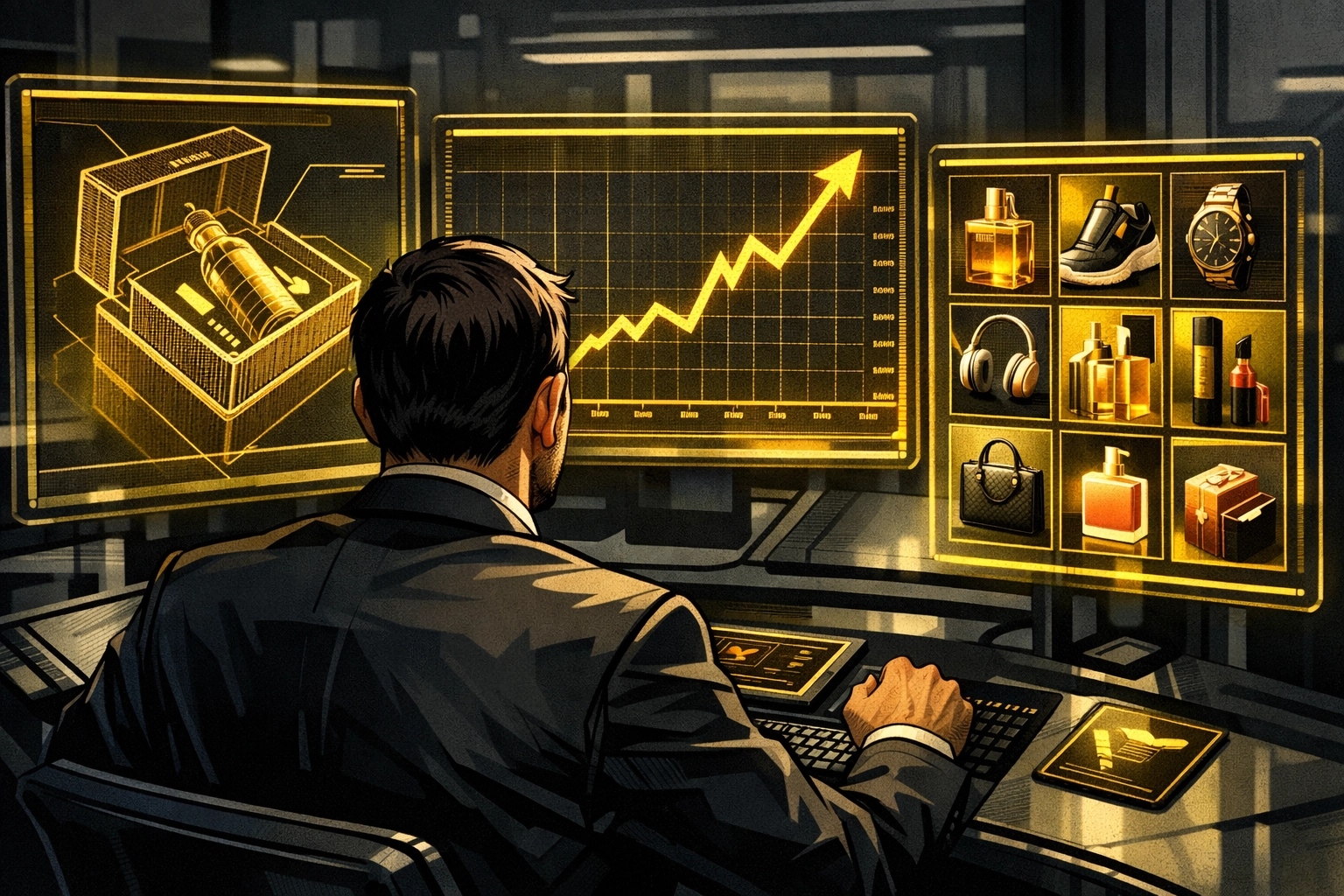 Amazon brand management expert monitoring inventory growth and listing optimization on a digital dashboard.