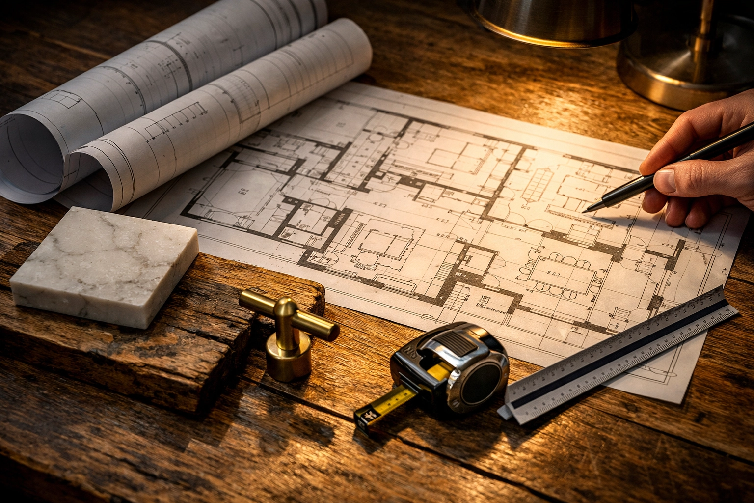 Renovation project planning session with architectural blueprints, material samples, and measuring tools.